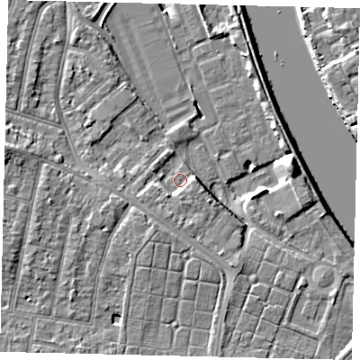 Shaded relief map of the ground around TW94EJ, computed from Environment Agency LiDAR. The ground here sits at about 5 m above sea level and falls 9 m across the surrounding 800 m. Surface water reaching this point runs off ground lying to the east-south-east, 2.8 m higher.