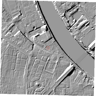 Shaded relief map of the ground around TW94EN, computed from Environment Agency LiDAR. The ground here sits at about 5 m above sea level and falls 10 m across the surrounding 800 m. Surface water reaching this point runs off ground lying to the west-south-west, 2.3 m higher.