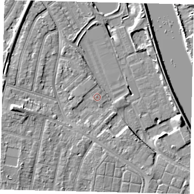 Shaded relief map of the ground around TW94EQ, computed from Environment Agency LiDAR. The ground here sits at about 5 m above sea level and falls 11 m across the surrounding 800 m. Surface water reaching this point runs off ground lying to the south-west, 0.9 m higher.