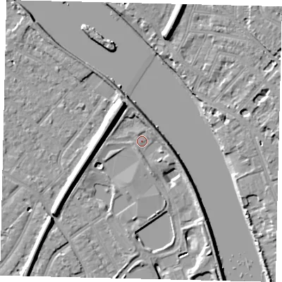 Shaded relief map of the ground around TW94EU, computed from Environment Agency LiDAR. The ground here sits at about 3 m above sea level and falls 11 m across the surrounding 800 m. Surface water reaching this point runs off ground lying to the west-south-west, 10.5 m higher.