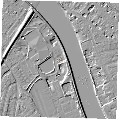 Shaded relief map of the ground around TW94EZ, computed from Environment Agency LiDAR. The ground here sits at about 3 m above sea level and falls 11 m across the surrounding 800 m. Surface water reaching this point runs off ground lying to the north-north-west, 10.7 m higher.