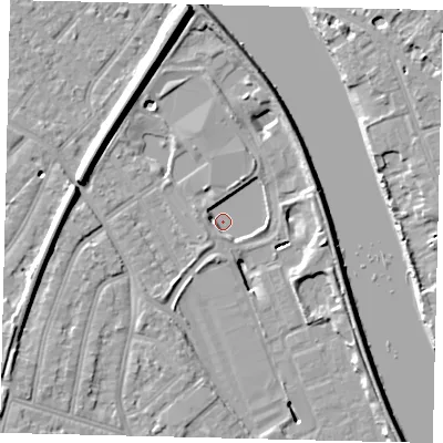 Shaded relief map of the ground around TW94FA, computed from Environment Agency LiDAR. The ground here sits at about 2 m above sea level and falls 11 m across the surrounding 800 m. Surface water reaching this point runs off ground lying to the west, 2.7 m higher.