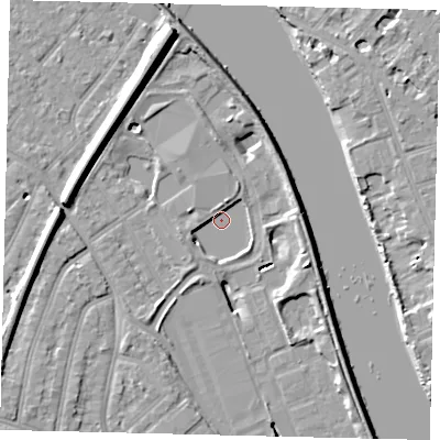 Shaded relief map of the ground around TW94FD, computed from Environment Agency LiDAR. The ground here sits at about 2 m above sea level and falls 11 m across the surrounding 800 m. Surface water reaching this point runs off ground lying to the west-south-west, 2.7 m higher.