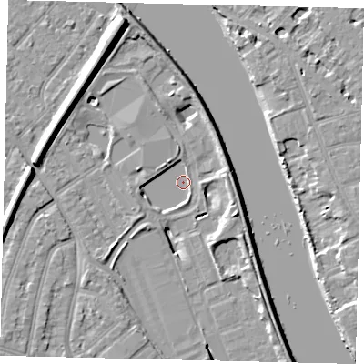 Shaded relief map of the ground around TW94FE, computed from Environment Agency LiDAR. The ground here sits at about 2 m above sea level and falls 11 m across the surrounding 800 m. Surface water reaching this point runs off ground lying to the west-south-west, 2.7 m higher.