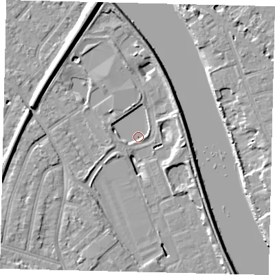 Shaded relief map of the ground around TW94FF, computed from Environment Agency LiDAR. The ground here sits at about 2 m above sea level and falls 11 m across the surrounding 800 m. Surface water reaching this point runs off ground lying to the south-west, 3.4 m higher.
