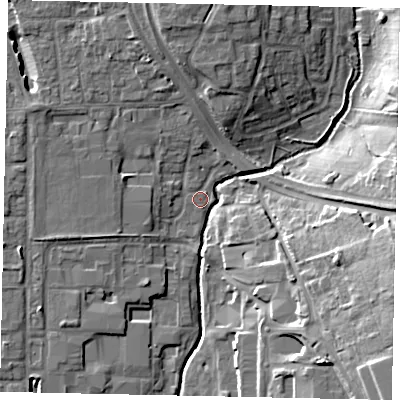 Shaded relief map of the ground around UB100AF, computed from Environment Agency LiDAR. The ground here sits at about 33 m above sea level and falls 18 m across the surrounding 800 m. Surface water reaching this point runs off ground lying to the north, 3.7 m higher.