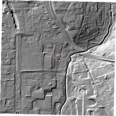 Shaded relief map of the ground around UB100AH, computed from Environment Agency LiDAR. The ground here sits at about 34 m above sea level and falls 16 m across the surrounding 800 m. Surface water reaching this point runs off ground lying to the north, 7.6 m higher.