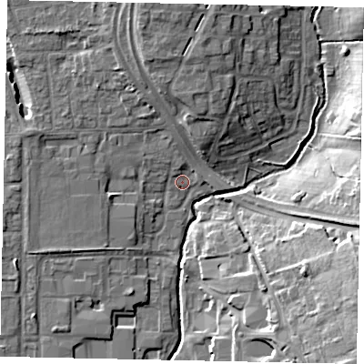 Shaded relief map of the ground around UB100BB, computed from Environment Agency LiDAR. The ground here sits at about 34 m above sea level and falls 18 m across the surrounding 800 m. Surface water reaching this point runs off ground lying to the north, 3.5 m higher.