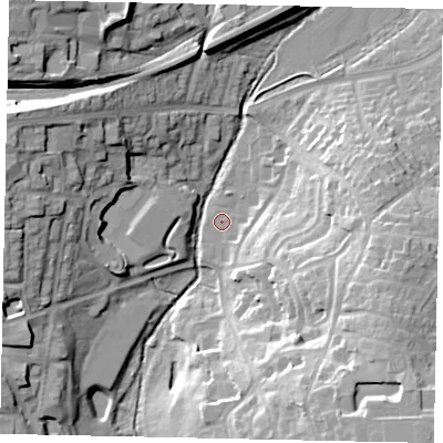 Shaded relief map of the ground around UB100FE, computed from Environment Agency LiDAR. The ground here sits at about 34 m above sea level and falls 26 m across the surrounding 800 m. Surface water reaching this point runs off ground lying to the east-south-east, 1.8 m higher.