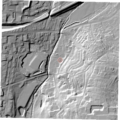 Shaded relief map of the ground around UB100FG, computed from Environment Agency LiDAR. The ground here sits at about 34 m above sea level and falls 26 m across the surrounding 800 m. Surface water reaching this point runs off ground lying to the south-south-east, 1.8 m higher.