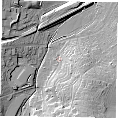 Shaded relief map of the ground around UB100FH, computed from Environment Agency LiDAR. The ground here sits at about 35 m above sea level and falls 24 m across the surrounding 800 m. Surface water reaching this point runs off ground lying to the east-south-east, 8.3 m higher.