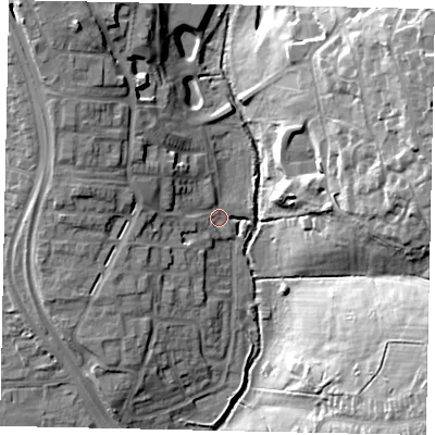 Shaded relief map of the ground around UB100GH, computed from Environment Agency LiDAR. The ground here sits at about 34 m above sea level and falls 25 m across the surrounding 800 m. Surface water reaching this point runs off ground lying to the west-north-west, 8.1 m higher.