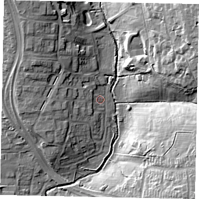 Shaded relief map of the ground around UB100RA, computed from Environment Agency LiDAR. The ground here sits at about 34 m above sea level and falls 25 m across the surrounding 800 m. Surface water reaching this point runs off ground lying to the west-south-west, 8.1 m higher.