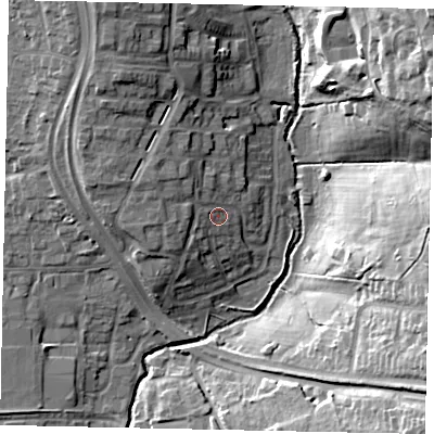 Shaded relief map of the ground around UB100RP, computed from Environment Agency LiDAR. The ground here sits at about 37 m above sea level and falls 22 m across the surrounding 800 m. Surface water reaching this point runs off ground lying to the west-north-west, 4.4 m higher.