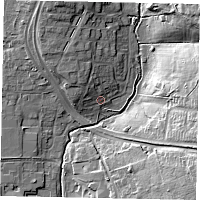 Shaded relief map of the ground around UB100RR, computed from Environment Agency LiDAR. The ground here sits at about 35 m above sea level and falls 22 m across the surrounding 800 m. Surface water reaching this point runs off ground lying to the north-west, 6.4 m higher.
