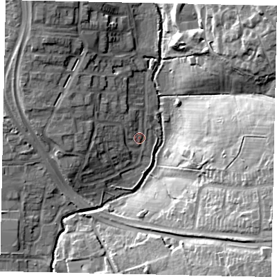 Shaded relief map of the ground around UB100RS, computed from Environment Agency LiDAR. The ground here sits at about 34 m above sea level and falls 25 m across the surrounding 800 m. Surface water reaching this point runs off ground lying to the west-north-west, 7.7 m higher.