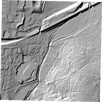 Shaded relief map of the ground around UB100TB, computed from Environment Agency LiDAR. The ground here sits at about 34 m above sea level and falls 26 m across the surrounding 800 m. Surface water reaching this point runs off ground lying to the north-west, 24.9 m higher.