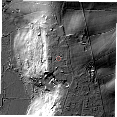 Shaded relief map of the ground around UB108AQ, computed from Environment Agency LiDAR. The ground here sits at about 69 m above sea level and falls 37 m across the surrounding 800 m. Surface water reaching this point runs off ground lying to the east-south-east, 3.8 m higher.