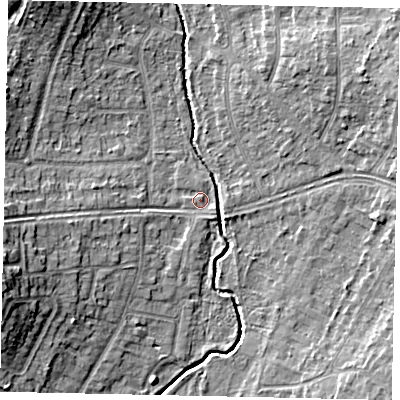 Shaded relief map of the ground around UB108BB, computed from Environment Agency LiDAR. The ground here sits at about 37 m above sea level and falls 11 m across the surrounding 800 m. Surface water reaching this point runs off ground lying to the south-east, 1.0 m higher.