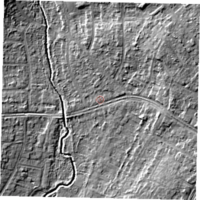 Shaded relief map of the ground around UB108BD, computed from Environment Agency LiDAR. The ground here sits at about 38 m above sea level and falls 9 m across the surrounding 800 m. Surface water reaching this point runs off ground lying to the east-north-east, 6.2 m higher.