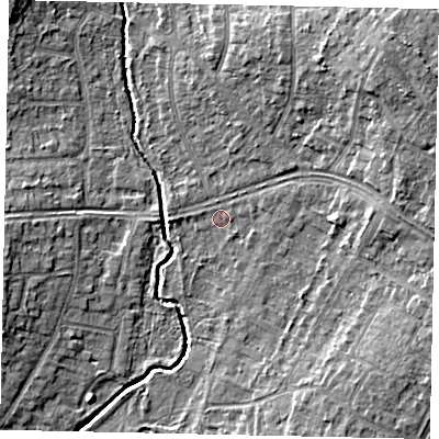 Shaded relief map of the ground around UB108DH, computed from Environment Agency LiDAR. The ground here sits at about 37 m above sea level and falls 9 m across the surrounding 800 m. Surface water reaching this point runs off ground lying to the north-east, 6.6 m higher.