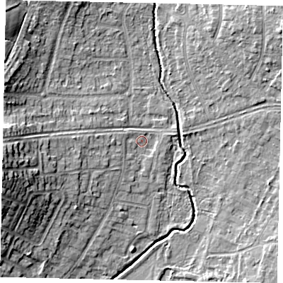 Shaded relief map of the ground around UB108DJ, computed from Environment Agency LiDAR. The ground here sits at about 37 m above sea level and falls 15 m across the surrounding 800 m. Surface water reaching this point runs off ground lying to the west-south-west, 12.8 m higher.