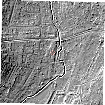 Shaded relief map of the ground around UB108DY, computed from Environment Agency LiDAR. The ground here sits at about 38 m above sea level and falls 12 m across the surrounding 800 m. The ground contributing surface water to this point lies to the west-north-west.