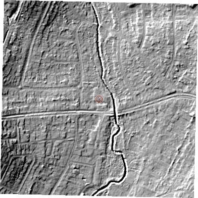 Shaded relief map of the ground around UB108HA, computed from Environment Agency LiDAR. The ground here sits at about 37 m above sea level and falls 13 m across the surrounding 800 m. Surface water reaching this point runs off ground lying to the west-south-west, 10.8 m higher.