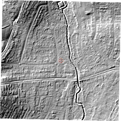 Shaded relief map of the ground around UB108HJ, computed from Environment Agency LiDAR. The ground here sits at about 37 m above sea level and falls 15 m across the surrounding 800 m. Surface water reaching this point runs off ground lying to the west-south-west, 3.0 m higher.