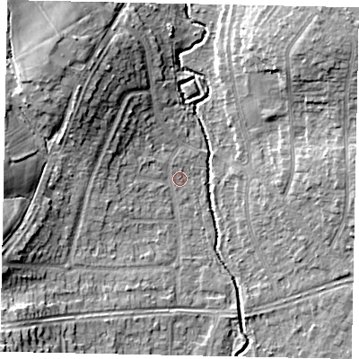 Shaded relief map of the ground around UB108HL, computed from Environment Agency LiDAR. The ground here sits at about 38 m above sea level and falls 16 m across the surrounding 800 m. Surface water reaching this point runs off ground lying to the north-west, 4.0 m higher.