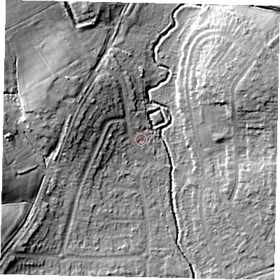 Shaded relief map of the ground around UB108HS, computed from Environment Agency LiDAR. The ground here sits at about 39 m above sea level and falls 13 m across the surrounding 800 m. Surface water reaching this point runs off ground lying to the west-north-west, 7.7 m higher.