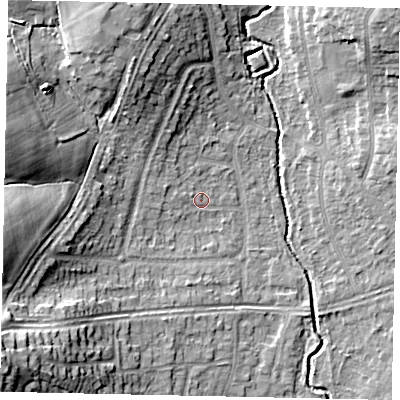 Shaded relief map of the ground around UB108HU, computed from Environment Agency LiDAR. The ground here sits at about 38 m above sea level and falls 20 m across the surrounding 800 m. Surface water reaching this point runs off ground lying to the west-north-west, 1.6 m higher.