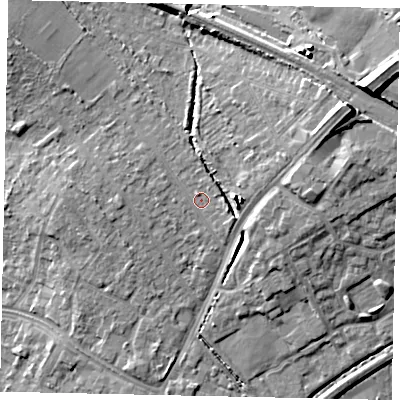 Shaded relief map of the ground around UB108LP, computed from Environment Agency LiDAR. The ground here sits at about 43 m above sea level and falls 14 m across the surrounding 800 m. Surface water reaching this point runs off ground lying to the east, 6.0 m higher.