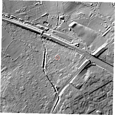 Shaded relief map of the ground around UB108LS, computed from Environment Agency LiDAR. The ground here sits at about 44 m above sea level and falls 13 m across the surrounding 800 m. Surface water reaching this point runs off ground lying to the east-south-east, 5.6 m higher.
