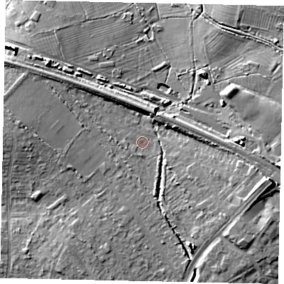 Shaded relief map of the ground around UB108LU, computed from Environment Agency LiDAR. The ground here sits at about 42 m above sea level and falls 12 m across the surrounding 800 m. Surface water reaching this point runs off ground lying to the south-south-west, 1.7 m higher.