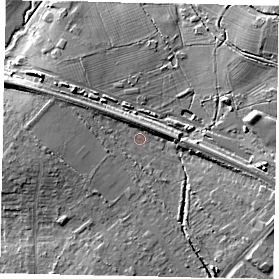 Shaded relief map of the ground around UB108LX, computed from Environment Agency LiDAR. The ground here sits at about 42 m above sea level and falls 11 m across the surrounding 800 m. Surface water reaching this point runs off ground lying to the west, 3.9 m higher.