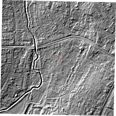Shaded relief map of the ground around UB108NP, computed from Environment Agency LiDAR. The ground here sits at about 37 m above sea level and falls 9 m across the surrounding 800 m. Surface water reaching this point runs off ground lying to the north-east, 1.3 m higher.