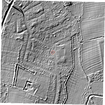 Shaded relief map of the ground around UB108PH, computed from Environment Agency LiDAR. The ground here sits at about 35 m above sea level and falls 11 m across the surrounding 800 m. Surface water reaching this point runs off ground lying to the west-north-west, 4.6 m higher.