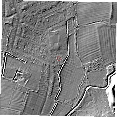 Shaded relief map of the ground around UB108PW, computed from Environment Agency LiDAR. The ground here sits at about 35 m above sea level and falls 10 m across the surrounding 800 m. Surface water reaching this point runs off ground lying to the west-south-west, 0.5 m higher.