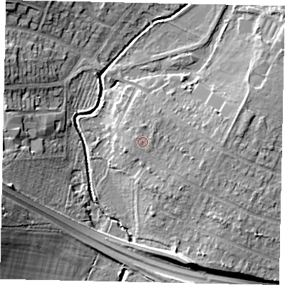 Shaded relief map of the ground around UB108QA, computed from Environment Agency LiDAR. The ground here sits at about 39 m above sea level and falls 15 m across the surrounding 800 m. Surface water reaching this point runs off ground lying to the north, 1.2 m higher.