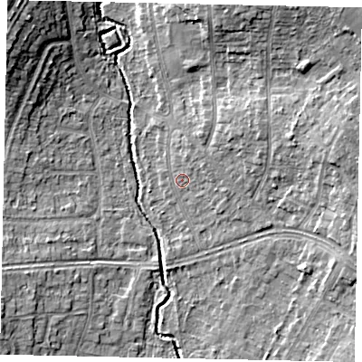 Shaded relief map of the ground around UB108SA, computed from Environment Agency LiDAR. The ground here sits at about 38 m above sea level and falls 12 m across the surrounding 800 m. Surface water reaching this point runs off ground lying to the north-north-east, 1.5 m higher.