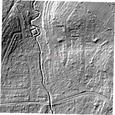 Shaded relief map of the ground around UB108SE, computed from Environment Agency LiDAR. The ground here sits at about 39 m above sea level and falls 12 m across the surrounding 800 m. Surface water reaching this point runs off ground lying to the east-south-east, 2.5 m higher.