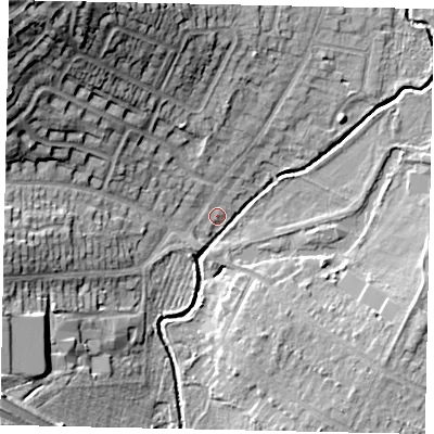 Shaded relief map of the ground around UB108SH, computed from Environment Agency LiDAR. The ground here sits at about 37 m above sea level and falls 26 m across the surrounding 800 m. Surface water reaching this point runs off ground lying to the north-west, 23.8 m higher.