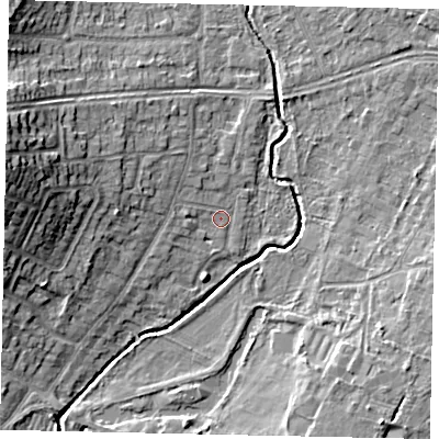 Shaded relief map of the ground around UB108SJ, computed from Environment Agency LiDAR. The ground here sits at about 37 m above sea level and falls 15 m across the surrounding 800 m. Surface water reaching this point runs off ground lying to the west-north-west, 2.7 m higher.