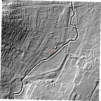 Shaded relief map of the ground around UB108SL, computed from Environment Agency LiDAR. The ground here sits at about 37 m above sea level and falls 18 m across the surrounding 800 m. Surface water reaching this point runs off ground lying to the north-west, 1.6 m higher.