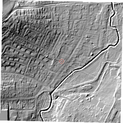 Shaded relief map of the ground around UB108SQ, computed from Environment Agency LiDAR. The ground here sits at about 38 m above sea level and falls 25 m across the surrounding 800 m. Surface water reaching this point runs off ground lying to the north-north-west, 2.8 m higher.