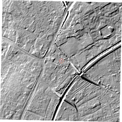 Shaded relief map of the ground around UB108XB, computed from Environment Agency LiDAR. The ground here sits at about 41 m above sea level and falls 12 m across the surrounding 800 m. Surface water reaching this point runs off ground lying to the west, 1.5 m higher.