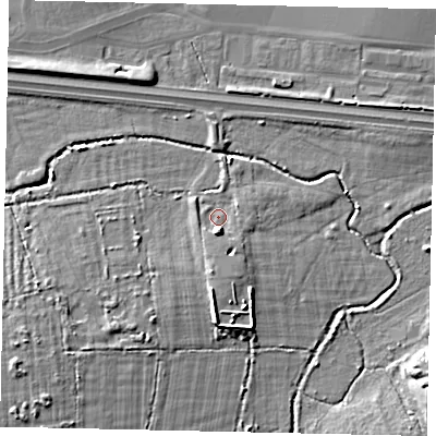 Shaded relief map of the ground around UB109AP, computed from Environment Agency LiDAR. The ground here sits at about 32 m above sea level and falls 7 m across the surrounding 800 m. Surface water reaching this point runs off ground lying to the south, 3.3 m higher.