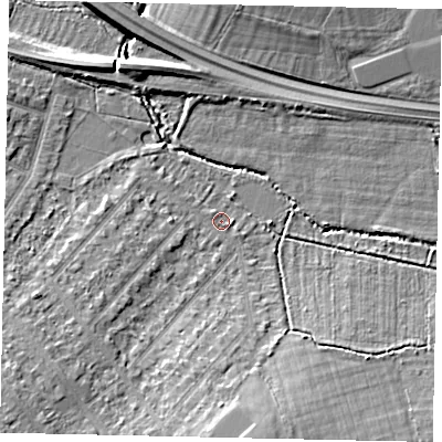 Shaded relief map of the ground around UB109EG, computed from Environment Agency LiDAR. The ground here sits at about 33 m above sea level and falls 8 m across the surrounding 800 m. Surface water reaching this point runs off ground lying to the south, 6.1 m higher.