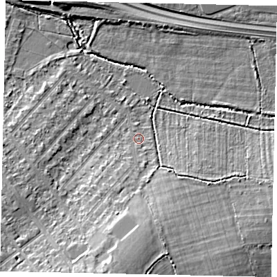 Shaded relief map of the ground around UB109EQ, computed from Environment Agency LiDAR. The ground here sits at about 34 m above sea level and falls 9 m across the surrounding 800 m. Surface water reaching this point runs off ground lying to the south, 6.6 m higher.